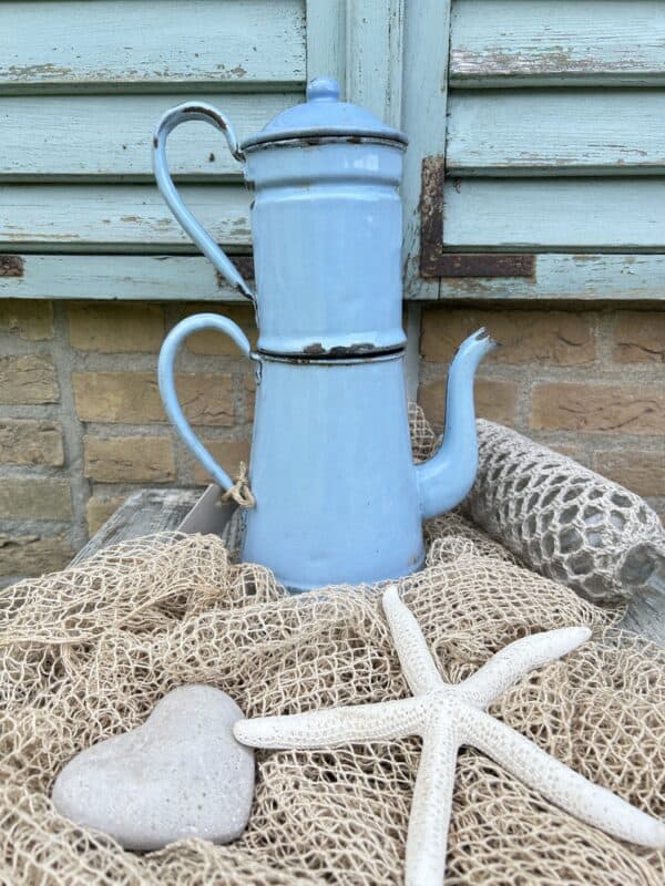 Franse Emaille koffiekan in prachtige kleur blauw - Afbeelding 2